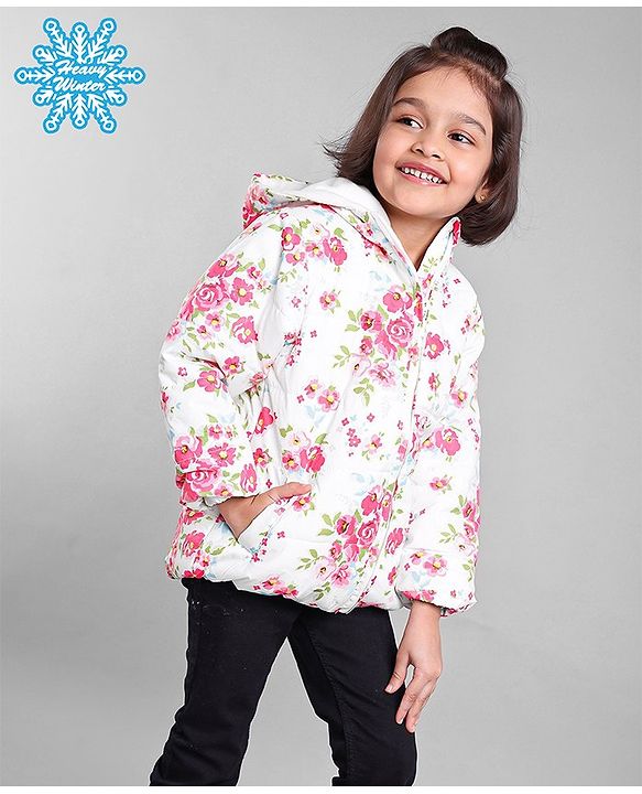 Babyhug Full Sleeves Hooded Fashion Heavy Winter Jacket Floral Print - Pink White