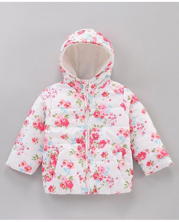 Babyhug Full Sleeves Hooded Fashion Heavy Winter Jacket Floral Print - Pink White
