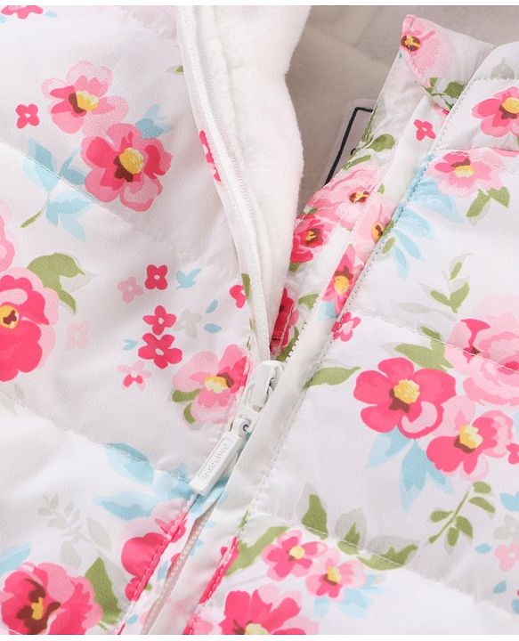 Babyhug Full Sleeves Hooded Fashion Heavy Winter Jacket Floral Print - Pink White