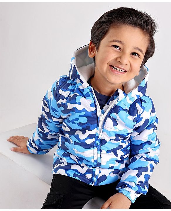 Babyhug Full Sleeves Hooded Fashion Heavy Winter Jacket Camo Print - Blue