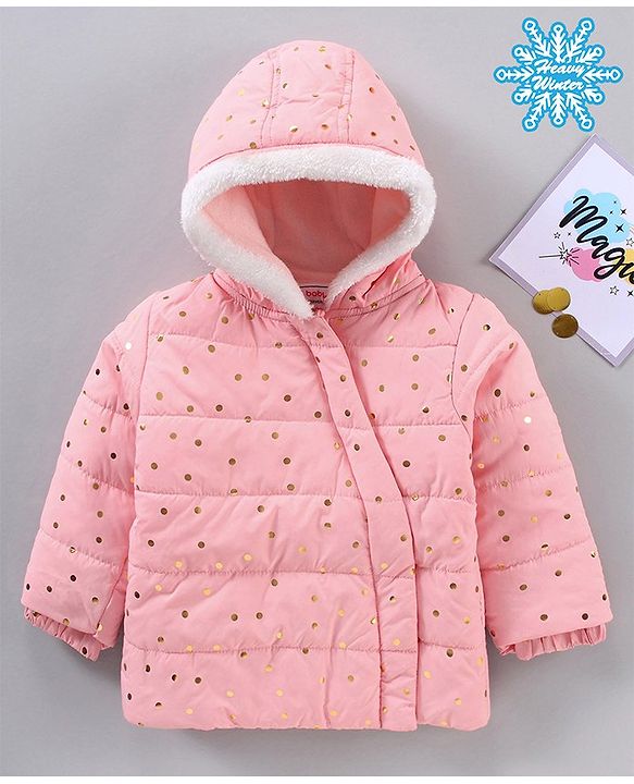 Babyhug Full Sleeves Hooded Fashion Heavy Winter Jacket Foil Print - Peach