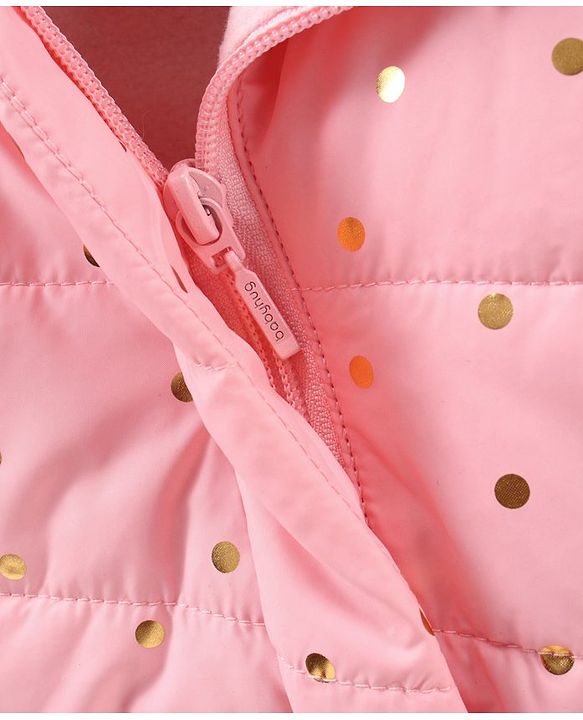 Babyhug Full Sleeves Hooded Fashion Heavy Winter Jacket Foil Print - Peach