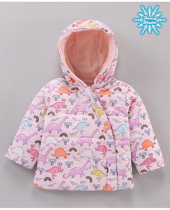 Babyhug Full Sleeves Hooded Fashion Heavy Winter Jacket Dino Print - Pink