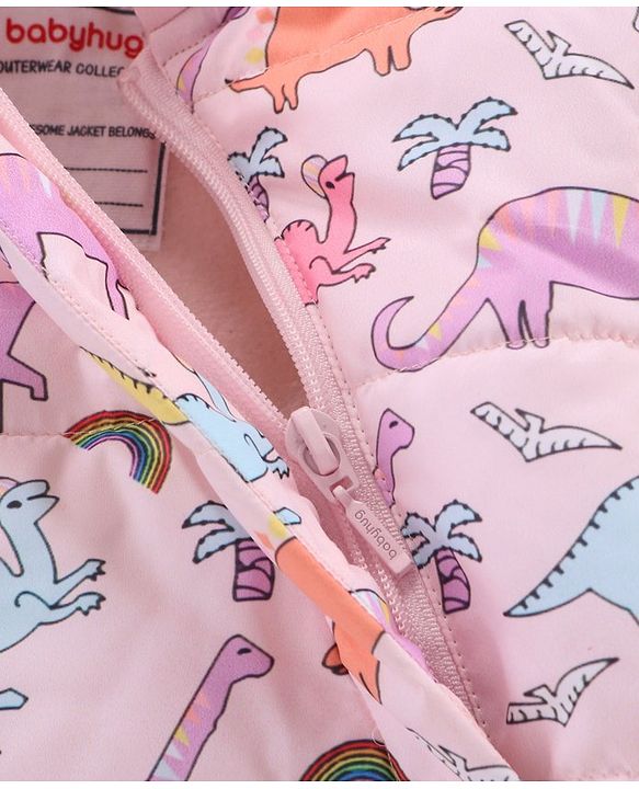 Babyhug Full Sleeves Hooded Fashion Heavy Winter Jacket Dino Print - Pink