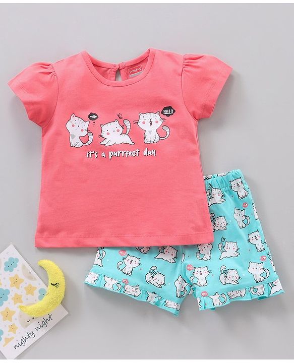 Babyhug Half Sleeves Top & Shorts Kitty Print - Pink Blue