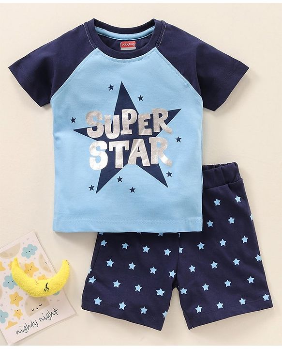 Babyhug Raglan Sleeves T-Shirt & Shorts Set Text & Star Print - Navy Blue