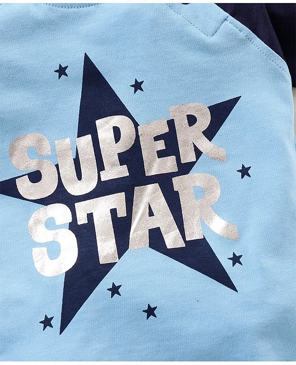 Babyhug Raglan Sleeves T-Shirt & Shorts Set Text & Star Print - Navy Blue
