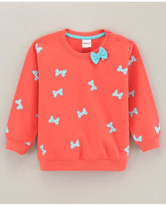 Babyhug Full Sleeves Cotton Knit Sweatshirt Bow Print & Bow Applique - Coral Pink