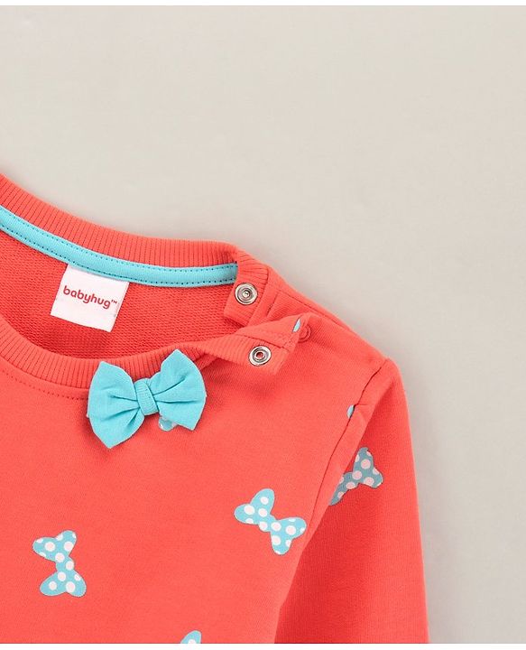 Babyhug Full Sleeves Cotton Knit Sweatshirt Bow Print & Bow Applique - Coral Pink