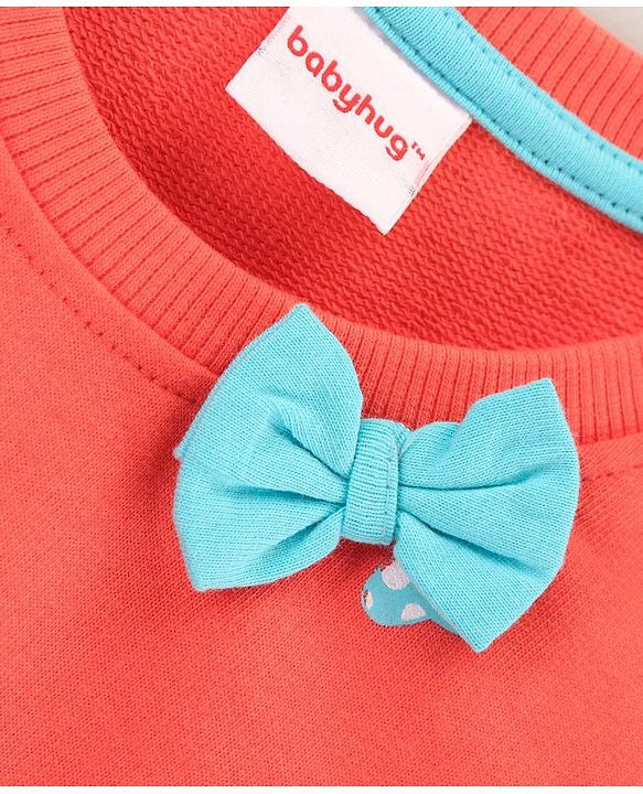 Babyhug Full Sleeves Cotton Knit Sweatshirt Bow Print & Bow Applique - Coral Pink