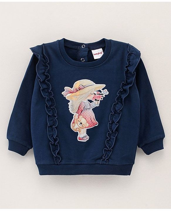 Babyhug Full Sleeves Sweatshirt with Frill Detailing Girl Digital Print Applique - Navy