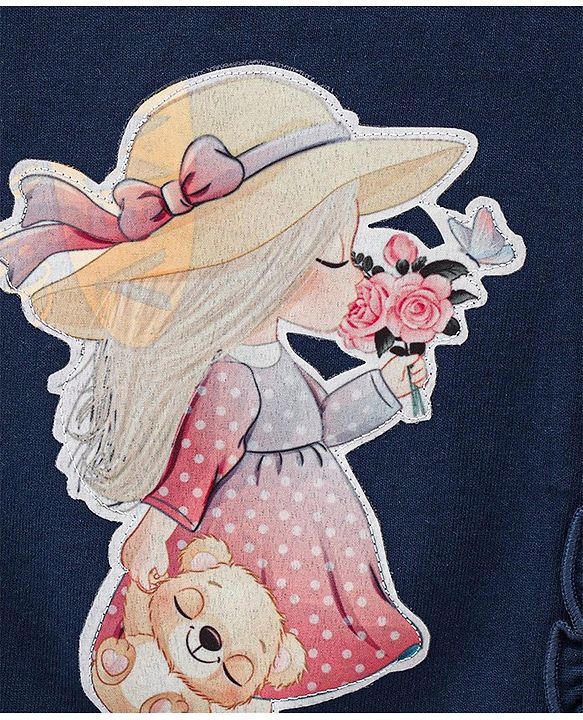Babyhug Full Sleeves Sweatshirt with Frill Detailing Girl Digital Print Applique - Navy