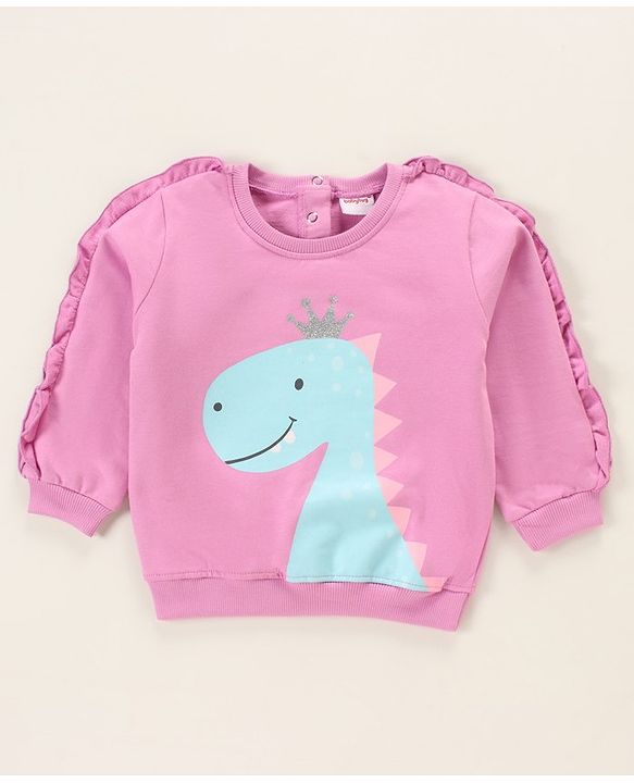 Babyhug Full Sleeves Sweatshirt With Frill At Sleeves & Dino Print - Violet