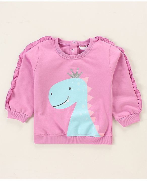 Babyhug Full Sleeves Sweatshirt With Frill At Sleeves & Dino Print - Violet