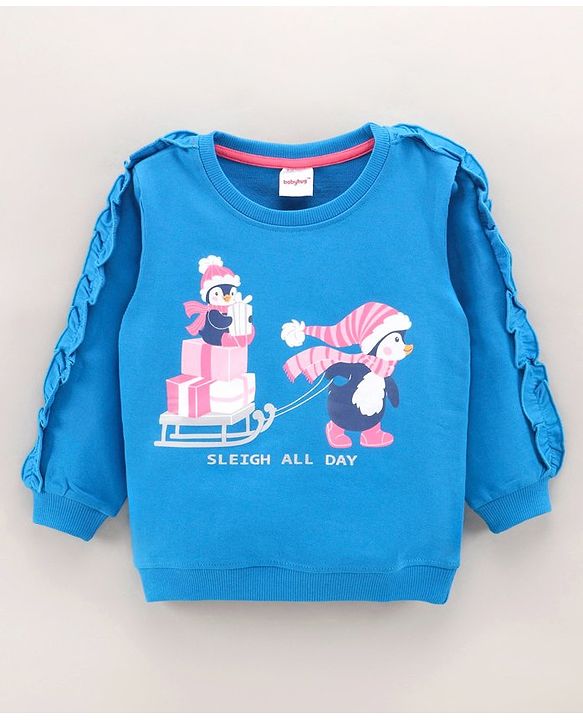 Babyhug Full Sleeves Sweatshirt With Graphics & Frill Detailing - Blue