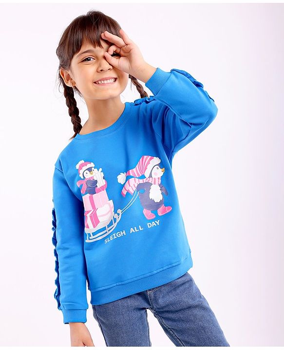 Babyhug Full Sleeves Sweatshirt With Graphics & Frill Detailing - Blue