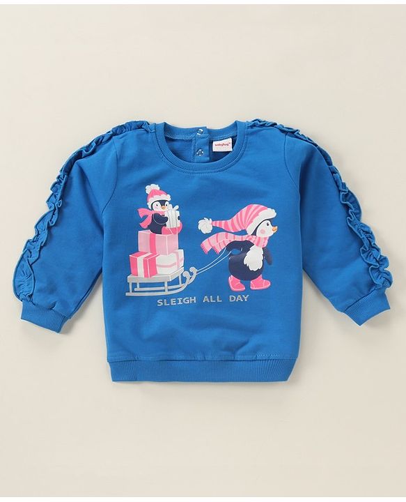 Babyhug Full Sleeves Sweatshirt With Graphics & Frill Detailing - Blue