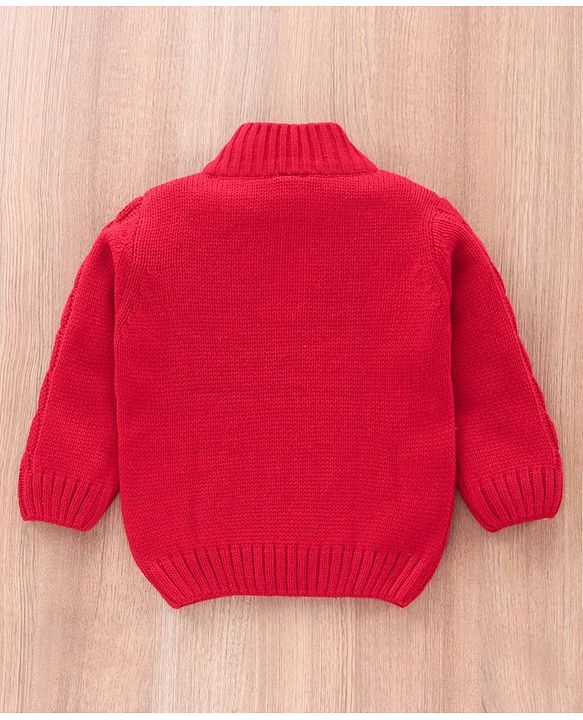 Babyhug Full Sleeves Cable Knit Henley Sweater - Red