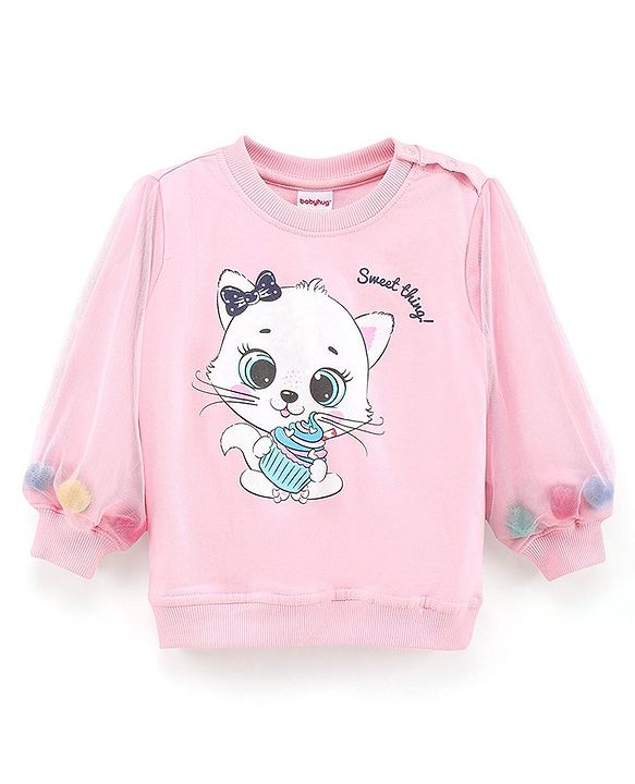 Babyhug Full Sleeves Sweatshirt With Graphics And Pom Pom With Mesh Details at Sleeves- Light Pink