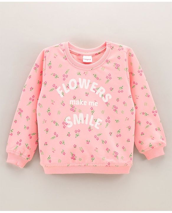 Babyhug Full Sleeves Knit Sweatshirt With Graphics & Floral Print- Peach