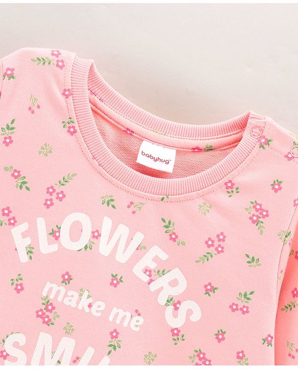 Babyhug Full Sleeves Knit Sweatshirt With Graphics & Floral Print- Peach
