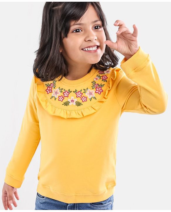 Babyhug Full Sleeves Cotton Knit Sweatshirt With Floral Embroidery & Frill Detailing - Mustard Yellow