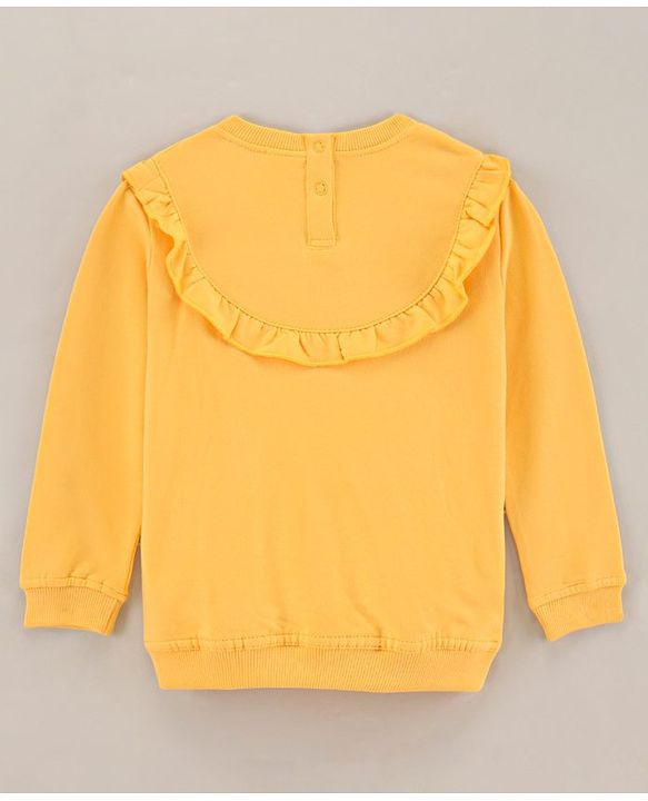 Babyhug Full Sleeves Cotton Knit Sweatshirt With Floral Embroidery & Frill Detailing - Mustard Yellow