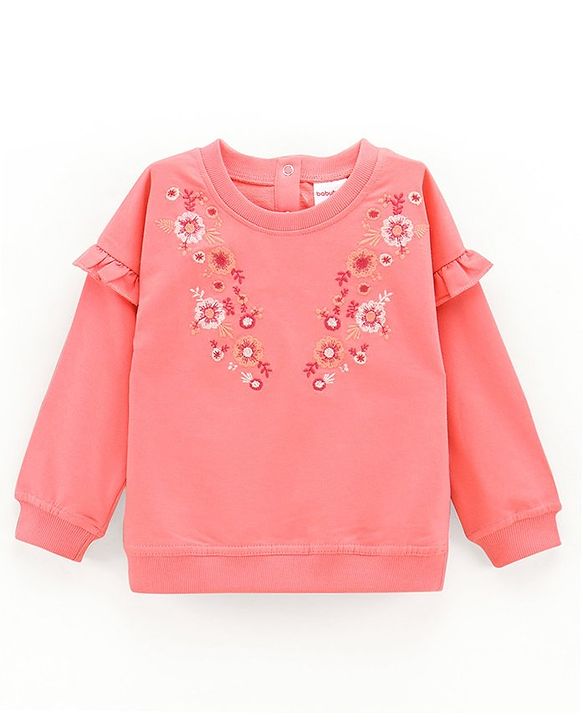 Babyhug Full Sleeves Cotton Knit Sweatshirt Floral Embroidered - Pink