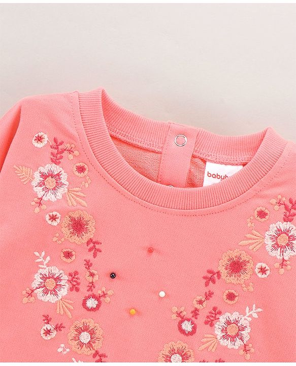 Babyhug Full Sleeves Cotton Knit Sweatshirt Floral Embroidered - Pink