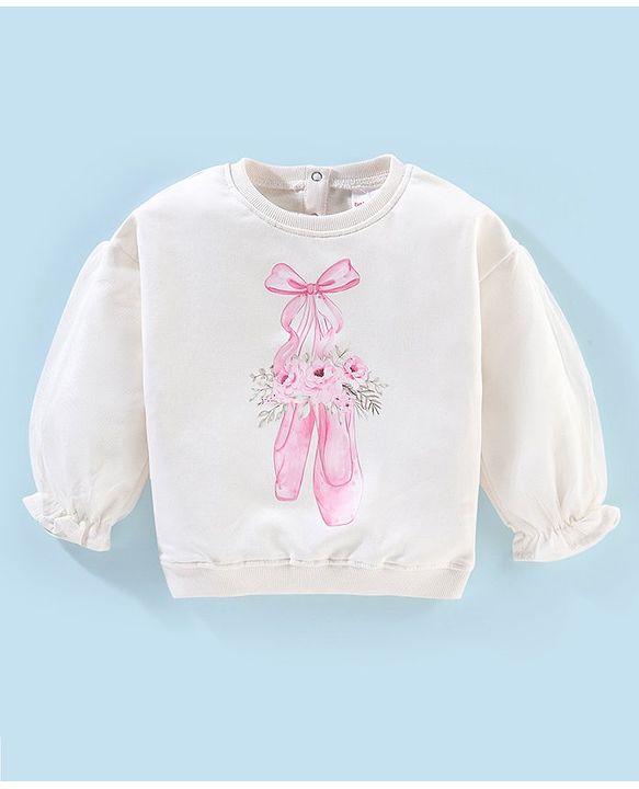 Babyhug Full Sleeves Sweatshirt With Bow and Flower Graphics & Mesh Detailing - Off White