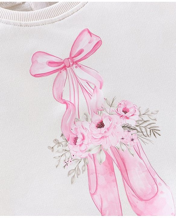 Babyhug Full Sleeves Sweatshirt With Bow and Flower Graphics & Mesh Detailing - Off White
