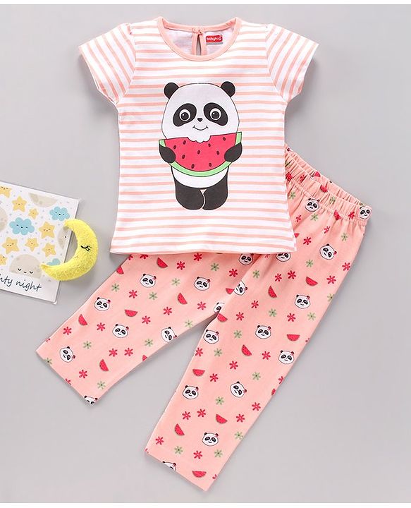 Babyhug Cap Sleeves Top & Capri Set Stripes & Panda Print- Pink