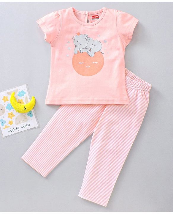 Babyhug Cap Sleeves Top & Capri Set Stripes & Elephant Print- Pink