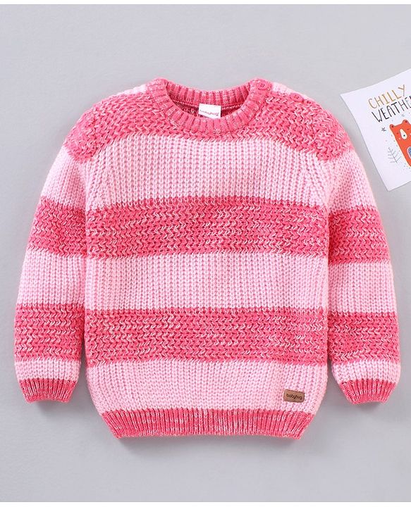 Babyhug Knit Full Sleeves Striped Sweater - Pink