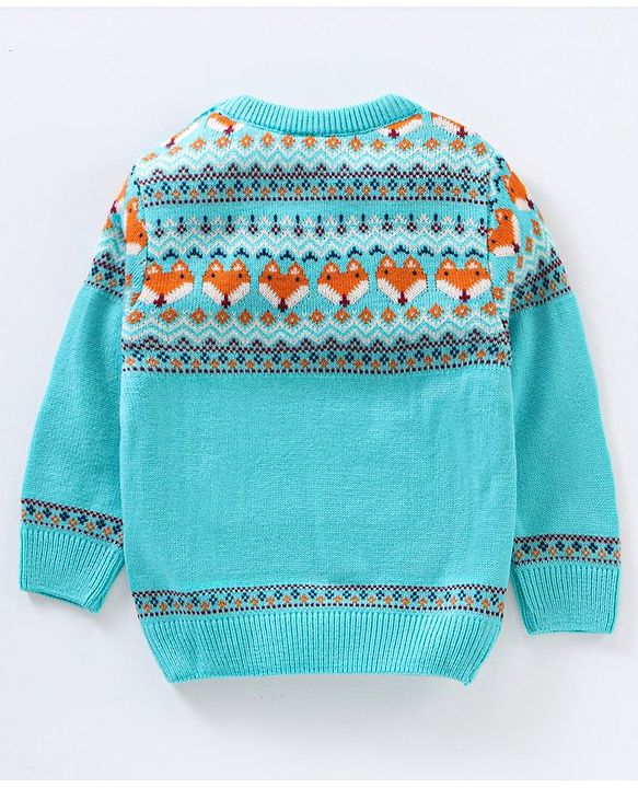 Babyhug Full Sleeves Jacquard Knit Pullover Fox Print - Blue