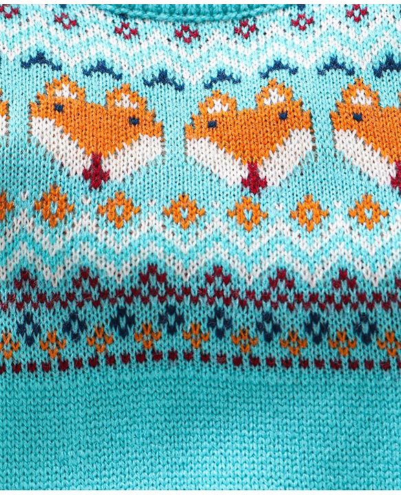Babyhug Full Sleeves Jacquard Knit Pullover Fox Print - Blue