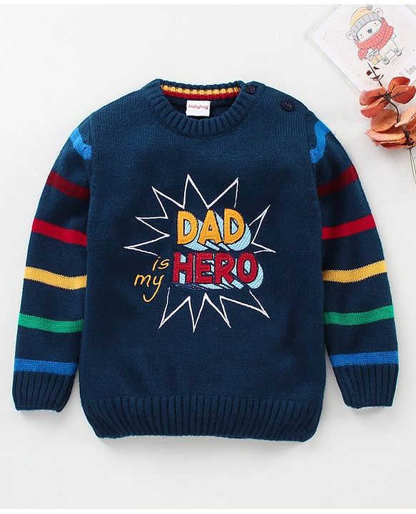 Babyhug Full Sleeves Knit Sweater Stripes Design With 3D Applique- Navy Blue