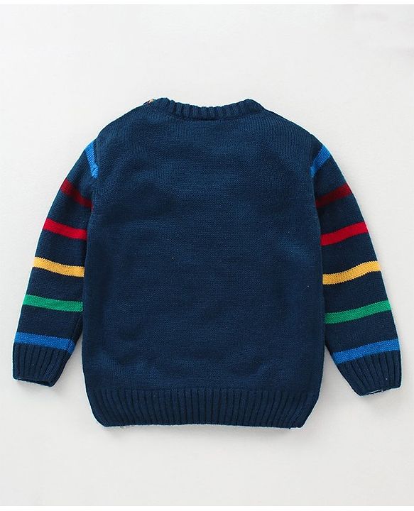 Babyhug Full Sleeves Knit Sweater Stripes Design With 3D Applique- Navy Blue