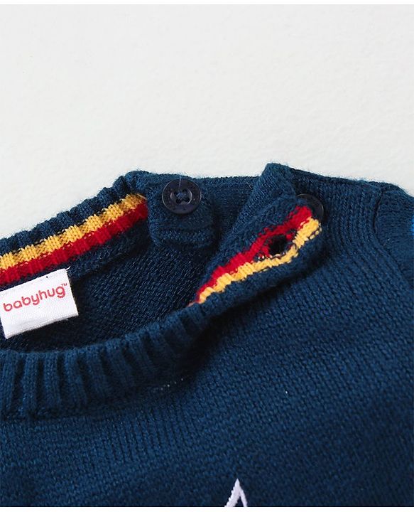 Babyhug Full Sleeves Knit Sweater Stripes Design With 3D Applique- Navy Blue