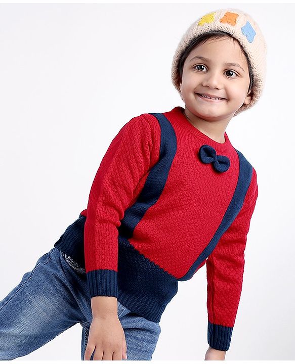 Babyhug Cable Knit Full Sleeves Pullover Sweater with Bow Colour Block - Red and Blue
