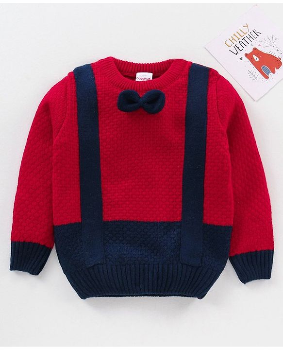Babyhug Cable Knit Full Sleeves Pullover Sweater with Bow Colour Block - Red and Blue
