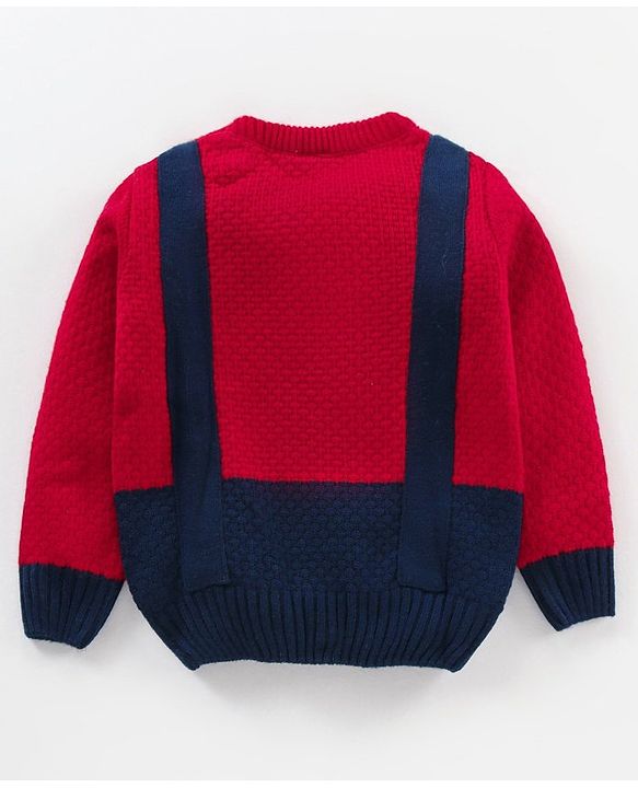 Babyhug Cable Knit Full Sleeves Pullover Sweater with Bow Colour Block - Red and Blue