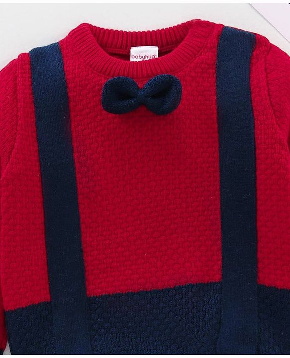Babyhug Cable Knit Full Sleeves Pullover Sweater with Bow Colour Block - Red and Blue