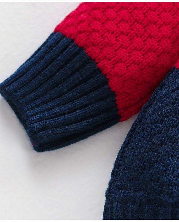 Babyhug Cable Knit Full Sleeves Pullover Sweater with Bow Colour Block - Red and Blue