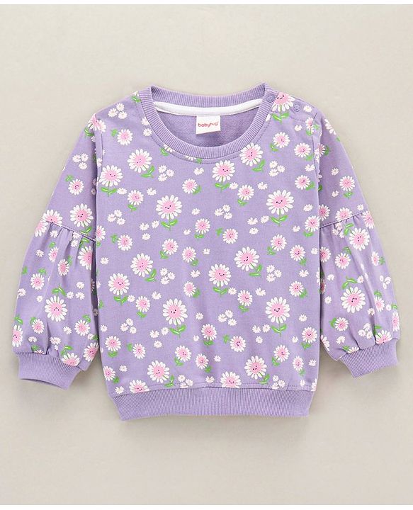 Babyhug Full Sleeves Cotton Sweatshirts Floral Print With Balloon Sleeves - Light Purple