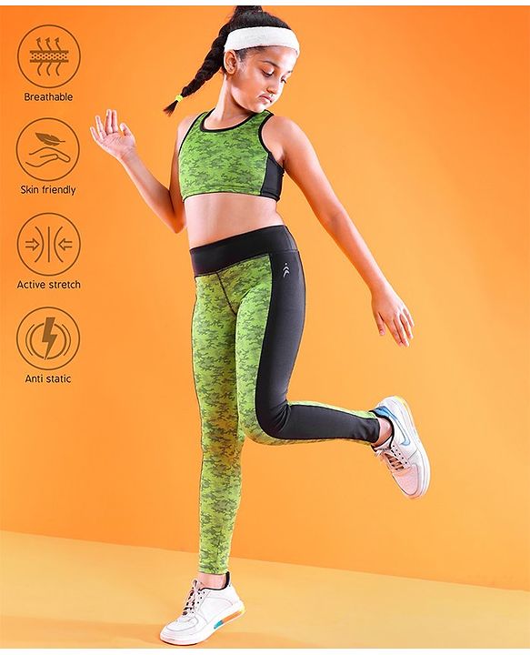 Pine Active Sleeveless Printed High Stretch Sports Bra & Leggings - Black Green