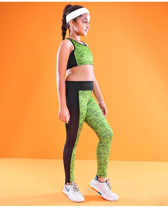 Pine Active Sleeveless Printed High Stretch Sports Bra & Leggings - Black Green