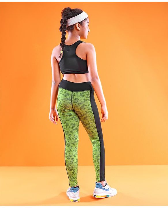 Pine Active Sleeveless Printed High Stretch Sports Bra & Leggings - Black Green