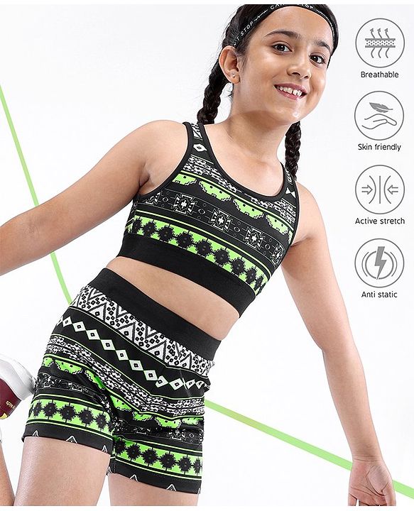Pine Active High Stretch Breathable Sports Bra And Shorts Set Printed - Black Green