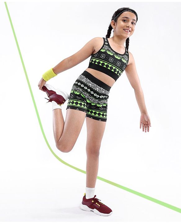 Pine Active High Stretch Breathable Sports Bra And Shorts Set Printed - Black Green